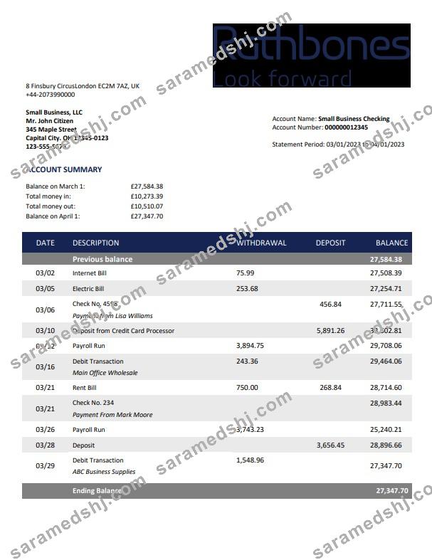 Rathbones Bank company account statement Word and PDF template
